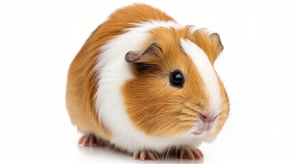Cute guinea pig on white background. Food for or the domestic cavy. Rodent small animal. Ginger white guinea pig.