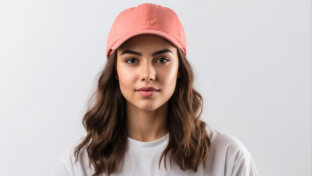young woman wearing a dad hat isolated on a white background