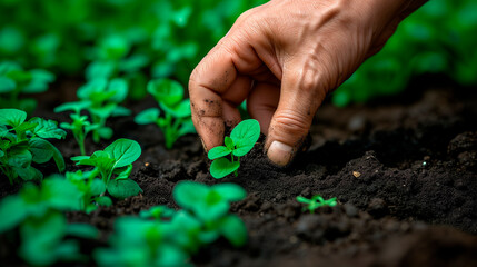 The farmer's hand checks the condition of the soil and the young green shoots in the field.