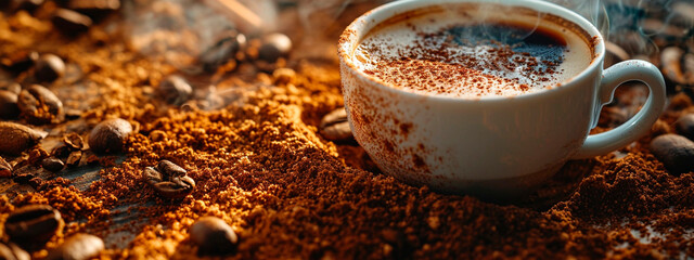 coffee beans and a cup of coffee. Selective focus. - obrazy, fototapety, plakaty