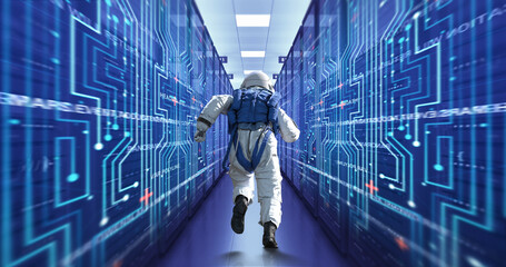 Exploring the Cosmic Data Center with Astronaut and AI. Technology And Science Related 3D Render.