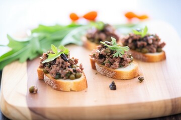 tapenade spread on crostinis on rustic wooden board
