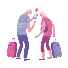 Elderly couple traveling, vector illustration with layers.