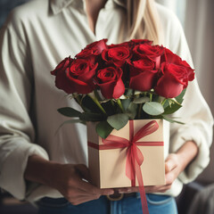 Unexpected moment in routine everyday life! Cropped photo of man's hands hiding holding chic bouquet of red roses and gift with white ribbon behind back, happy woman is on blurred background 