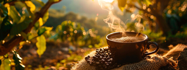 a cup of coffee beans against the background of a coffee plantation. Selective focus.