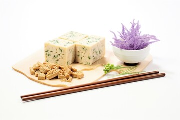 raw tempeh block next to soybeans on white background