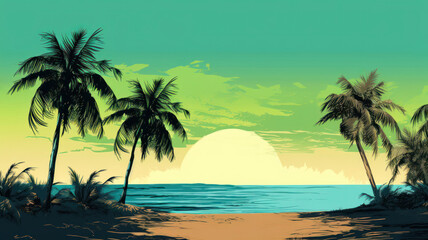 Fototapeta na wymiar tropical sunset on the background of beach palms and ocean waves, in hand drawn flat illustration style, tropical landscape