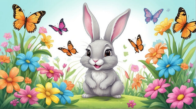 bright spring picture with a rabbit and flowers, spring bright background, in the style of a children's book illustration, Easter