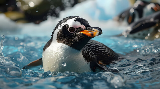 A Cute Little Penguin In The Blue Sea, A Penguin Swimming In Water
