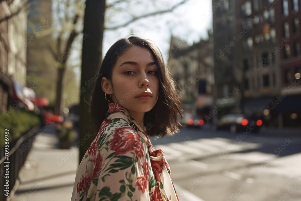 Canvas Prints beautiful modern girl dressed in fashionable casual clothes in the spring city on a walk, spring mood