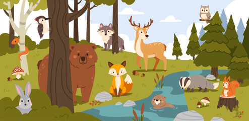 Cartoon forest animals. Summer woodland with bear, fox and wolf, hare and beaver in stream, squirrel and badger, owl and woodpecker, snake. Trees and bushes. Vector illustration