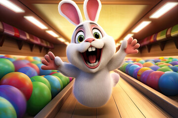 funny easter bunny on a bowling alley with easter eggs