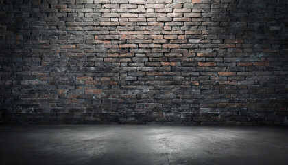 Dark studio room background, interior texture for display products. Brick wall and black cement - obrazy, fototapety, plakaty