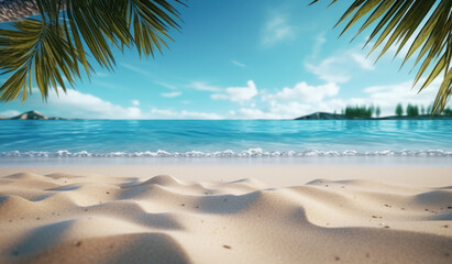 clean white sand on the beach against the backdrop of ocean waves and palm trees, tropical...