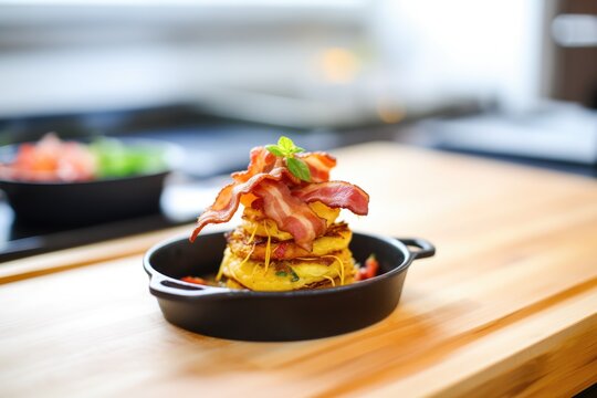 muffin with a stack of bacon strips on a skillet