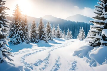 Beautiful landscape with snow covered fir trees and snowdrifts.Merry Christmas and happy New Year greeting background with copy-space.Winter ..