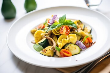 tortellini tossed with roasted vegetables on a plate