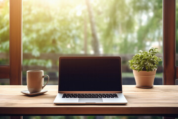 Fototapeta premium Laptop with blank screen and coffee cup on wooden table in coffee shop