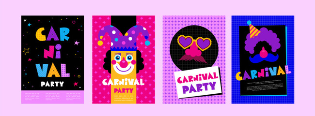 Happy Carnival, colorful geometric background and cards with splashes, speech bubbles, masks and confetti