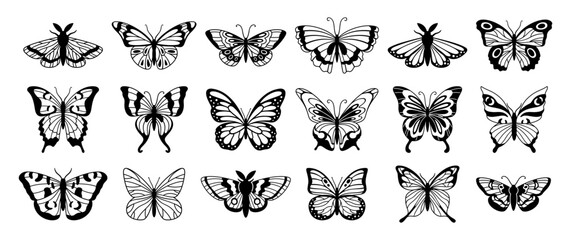 Fototapeta premium Butterfly silhouettes. Cute spring insects with openwork wings, flying butterfly. Winged insect, various detail beautiful moth decorative wildlife elements. Vector set