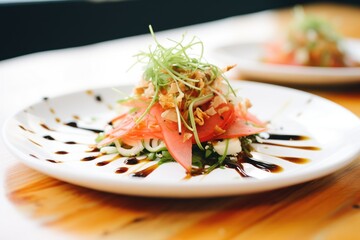 close-up of watermelon salad with balsamic glaze