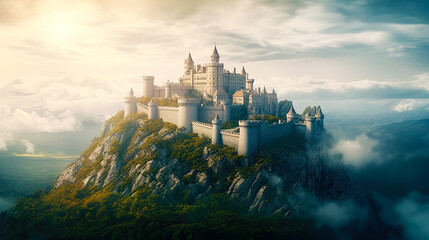 Fantasy landscape scenery with mysterious medieval castle. Postproducted generative AI illustration. - obrazy, fototapety, plakaty