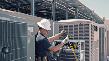 Focused technician servicing an industrial air conditioning unit, equipped with tools and safety helmet