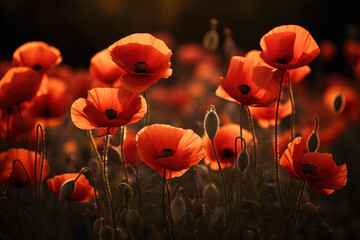 Poppies glowing in the golden light, a serene tribute to remembrance and the beauty of peace
