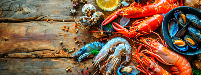 Various seafood on a wooden background. Selective focus.
