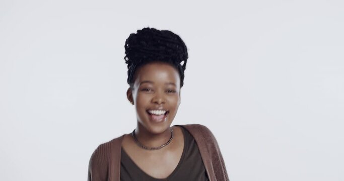 Happy, dance and face of black woman on a white background with good news, smile and excited. Dancer, fashion and portrait of isolated person with confidence, pride and emoji reaction in studio