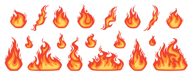 Cartoon fire. Flame of infernal fireballs, red and yellow campfire, hot wildfire and bonfire, burn power. Hellfire, burning icons isolated vector set