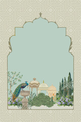 Traditional middle eastern and Mughal garden with  arch, palace, peacock illustration frame for Invitation print