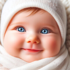 Cute little baby boy in white knitted hat with big blue eyes