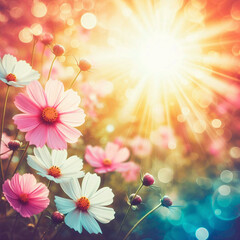 Cosmos flowers in the meadow with sun rays. Vintage style.