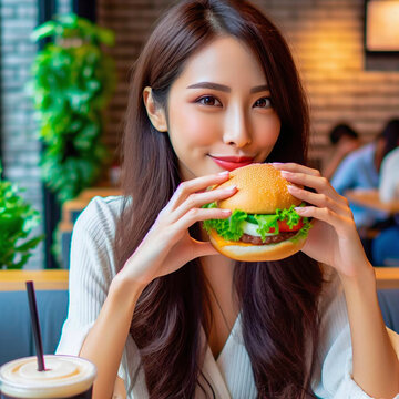 Beautiful asian woman eating hamburger in the cafe, fast food concept