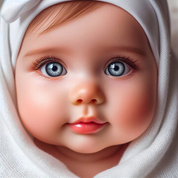 Cute little baby girl with blue eyes in a white towel.