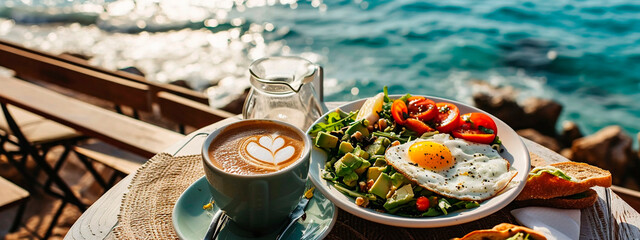 Breakfast avocado eggs and coffee by the sea. Selective focus. - obrazy, fototapety, plakaty