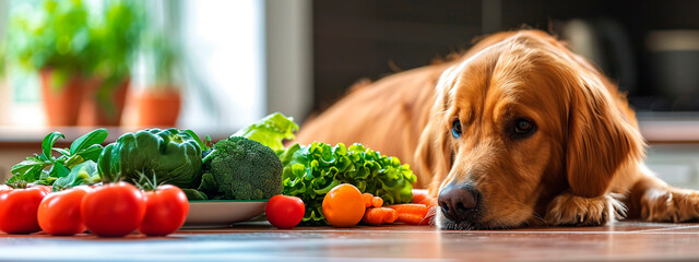 Dog food eats vegetables. Selective focus. - obrazy, fototapety, plakaty