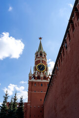 View of the Spasskaya Tower of the Moscow Kremlin from the side of the Lenin Mausoleum.