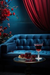 Red cocktail in a glass with ice, side view, background blue sofa. Generate AI image