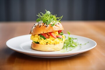 egg salad on a toasted brioche bun, on a ceramic plate