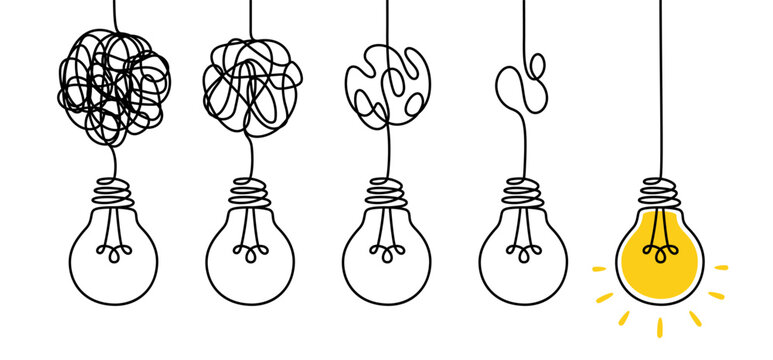 Simplify complex process. Tangled scribble wires with light bulbs from difficult to simple, clarifying idea and complex problem solving process vector concept