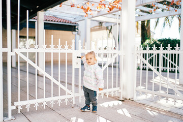 Little girl stands near a forged fence in the park and holds the gate handle