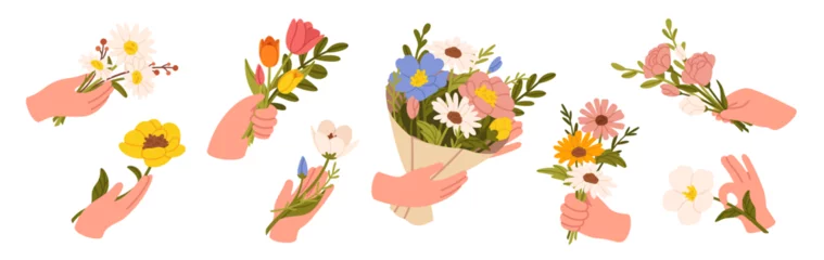 Fotobehang Hands holding flower bouquet. Male arm with blooming spring garden flowers and summer wildflowers, tulips and daisies, cornflowers and roses. Romantic vector elements © Foxy Fox