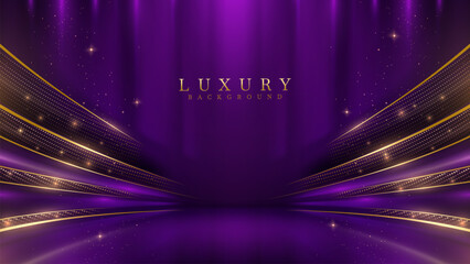 Purple stage scene with vibrant violet neon light effects, Golden curves and bokeh. Luxury modern background. Vector illustration.