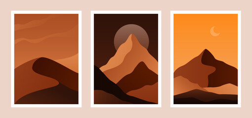 Desert landscapes set. Wild nature posters with mountains rocks and sand dunes, African savanna silhouettes. Vector contemporary set