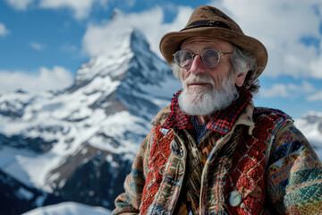 Fototapeta premium Elderly Swiss Man In Alpine Attire Poses Against Picturesque Mountainous Backdrop