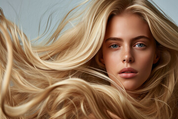 Enthusiastic Model Showcasing Flowing Blonde Hair For Captivating Shampoo Advertisement