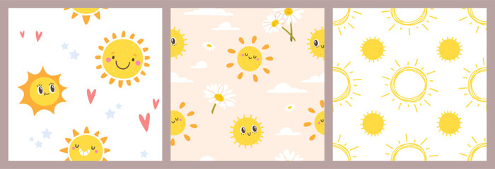 Sun seamless pattern. Cute smiling sun characters with red heart and white clouds, daisies and stars. Kids wallpaper, wrapping vector texture set