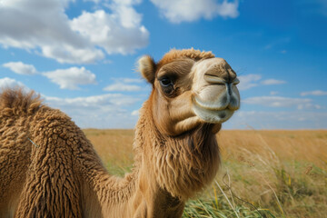 Happy Camel Grazing In Meadow, Wide Angle
